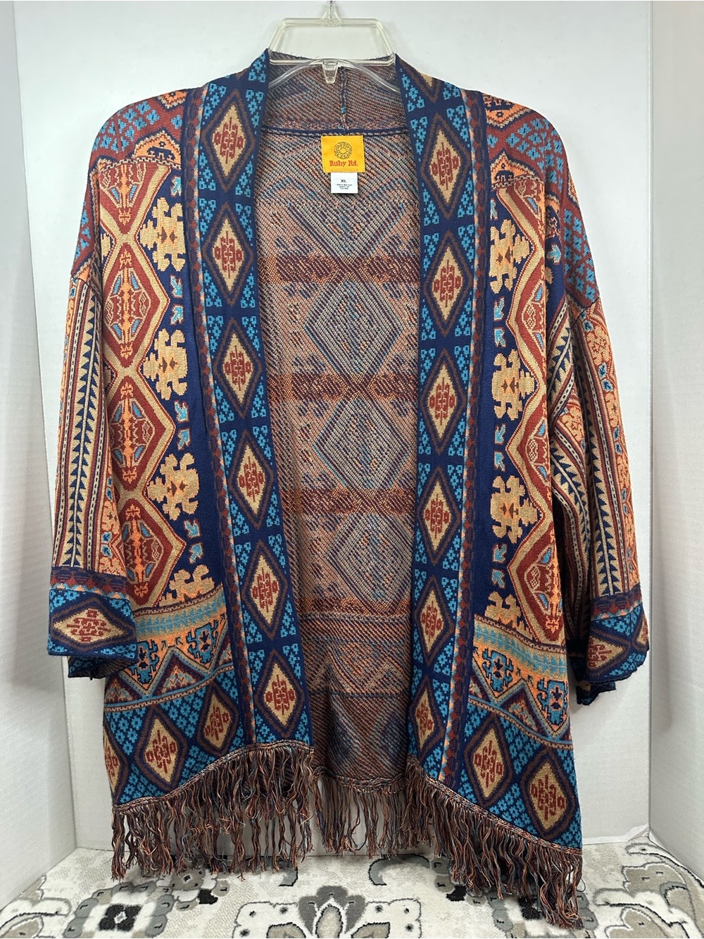 Ruby Rd. Multicolor Boho Open-Front Fringe Cardigan, size XL